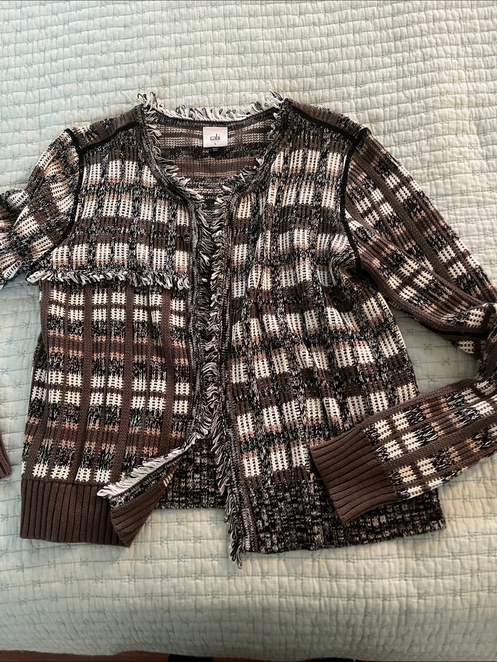 CAbi Brown Cream & Black Plaid Fringe Knit Cardigan